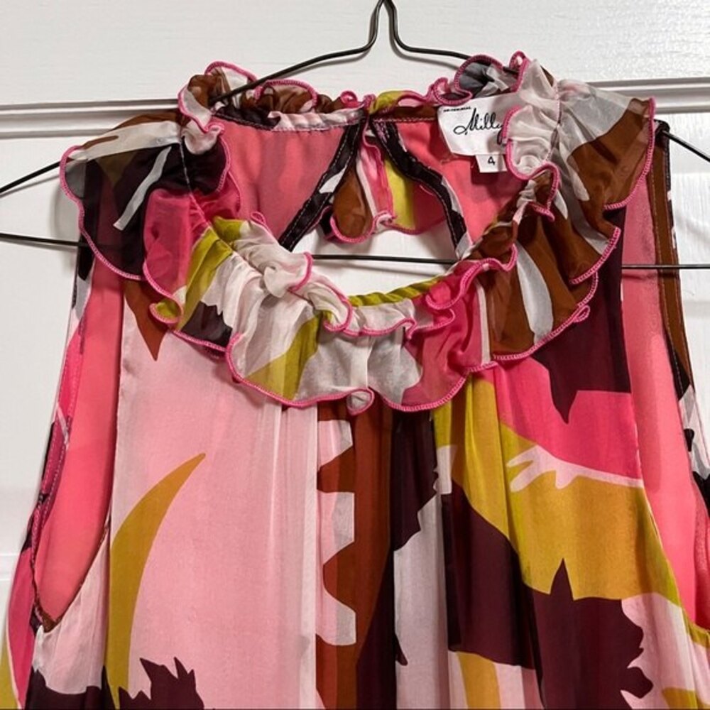 Milly of New York Silk Bold Botanical Print Ruffled Hem Dress 4 - Picture 4 of 10